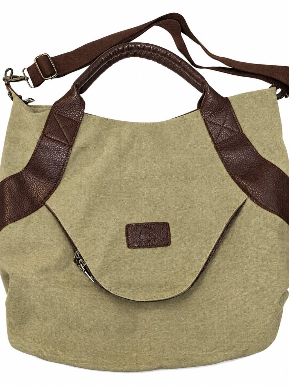 K2 Classic Canvas Hobo Tote Bag Brown Leather Trim Crossbody Work Travel School